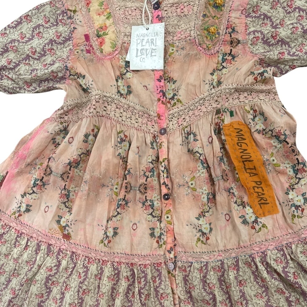 Magnolia Pearl Romantic Dress Pink Peach Lace Crochet Embroidered Short Sleeve